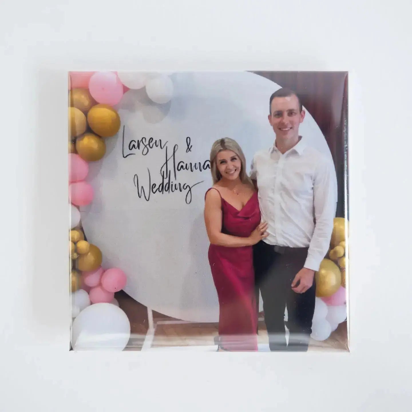 Single Personalised Photo Magnet made by Attractive Memories from a photo of a young couple standing in front of a wedding sign