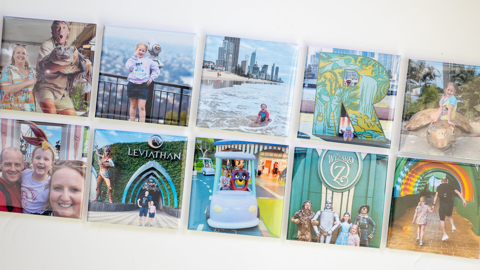 Selection of personalised photo magnets showcasing photos of a family holiday in Australia
