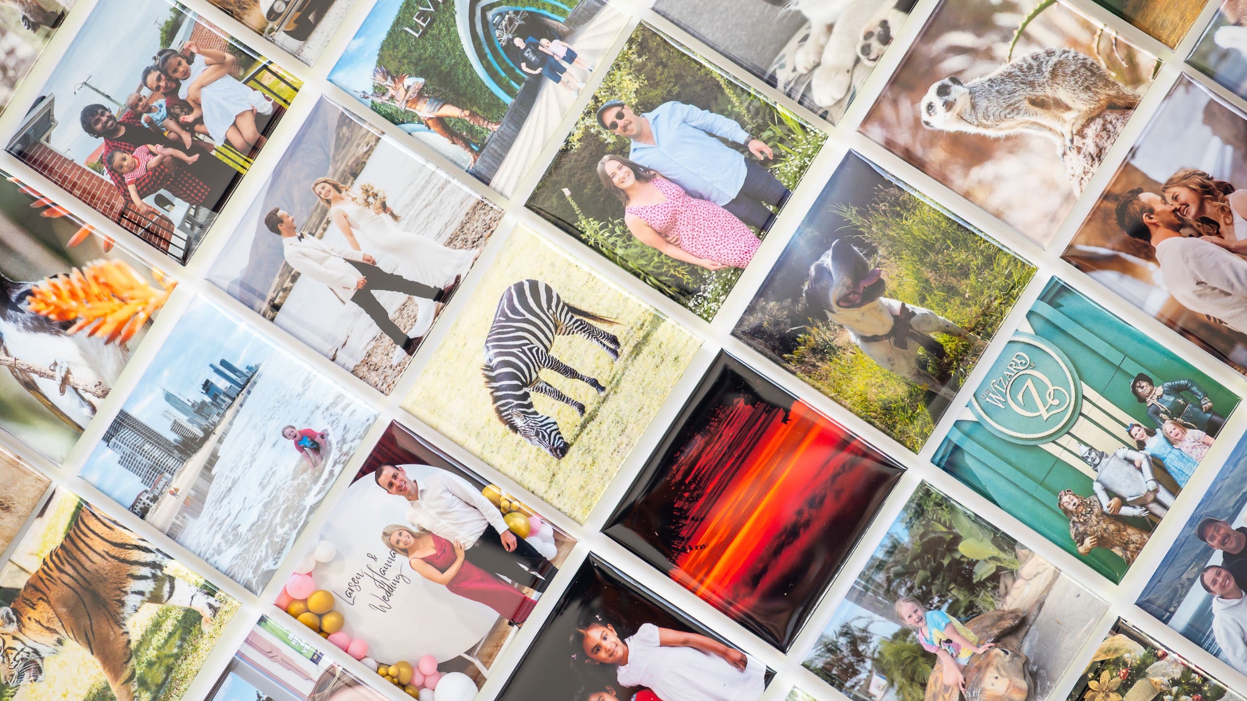 A selection of personalised photo magnets featuring various photos including people, animals, and landscapes