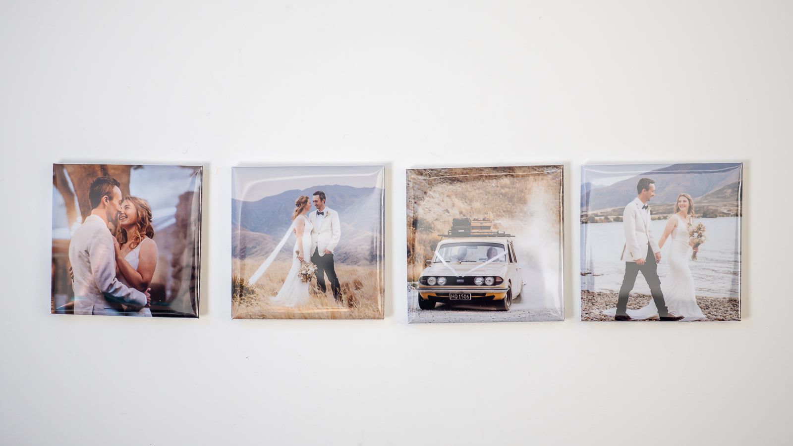 Four photographs of a couple on their wedding day made into a set of personalised photo magnets
